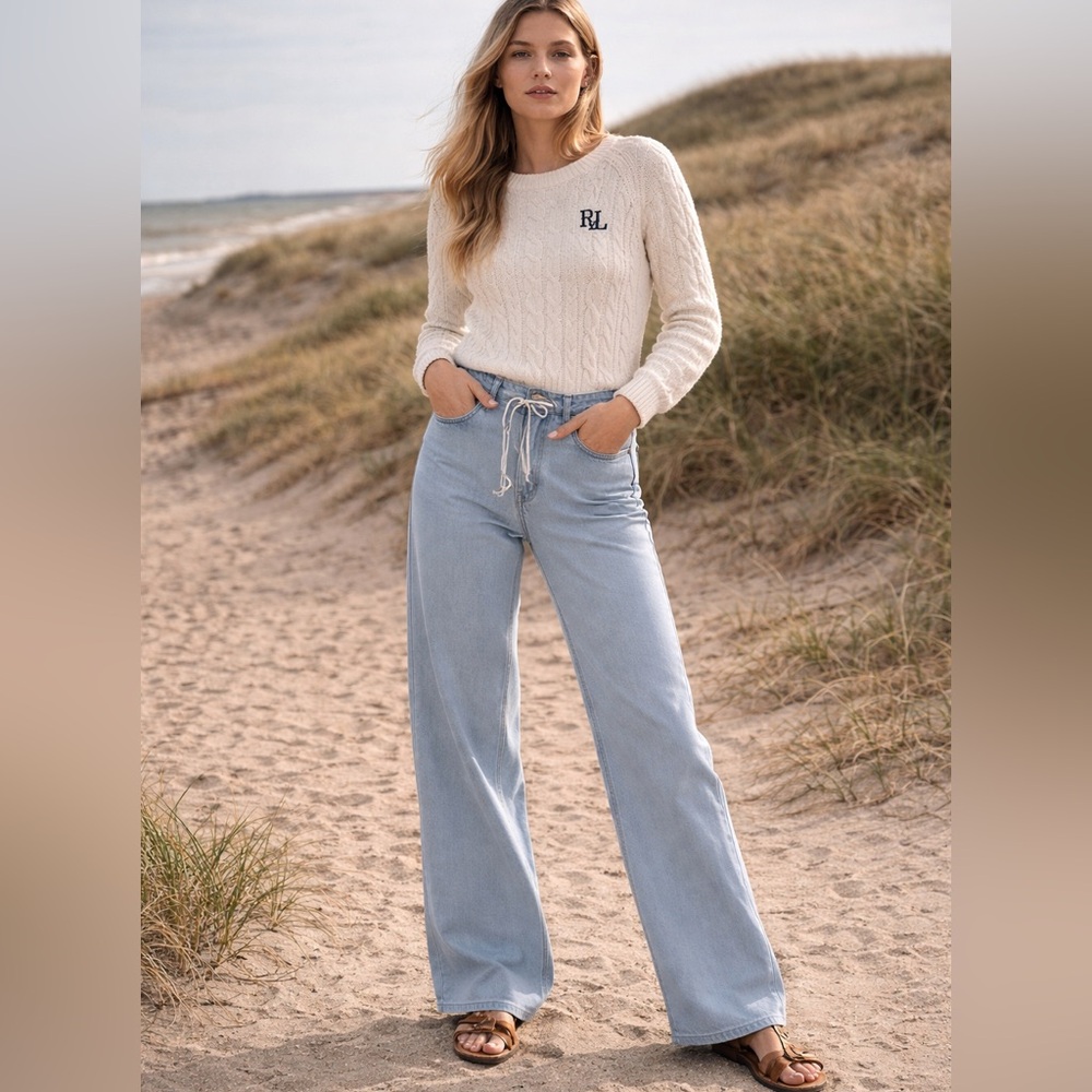 Flamingals light wash stretchy drawstring wide leg jeans size L FG9-6